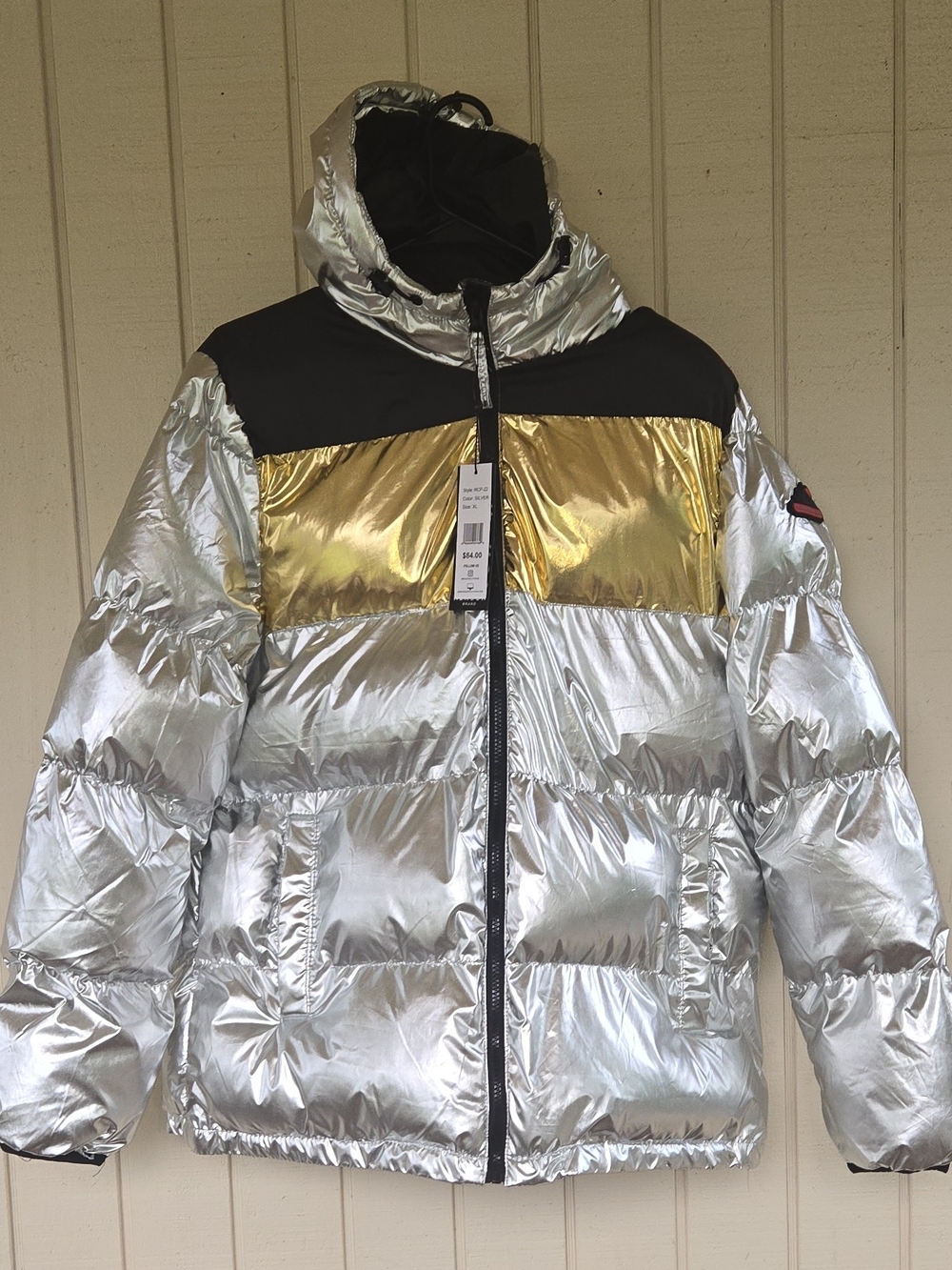Reason Men's Silver Metallic Puffer Jacket with Gold Chest Panel